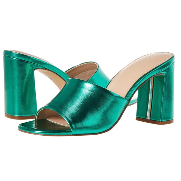 NWT The Drop Women's Pattie High Block Heeled Mule Sandal Jade Green Metallic 6 - Picture 1 of 10
